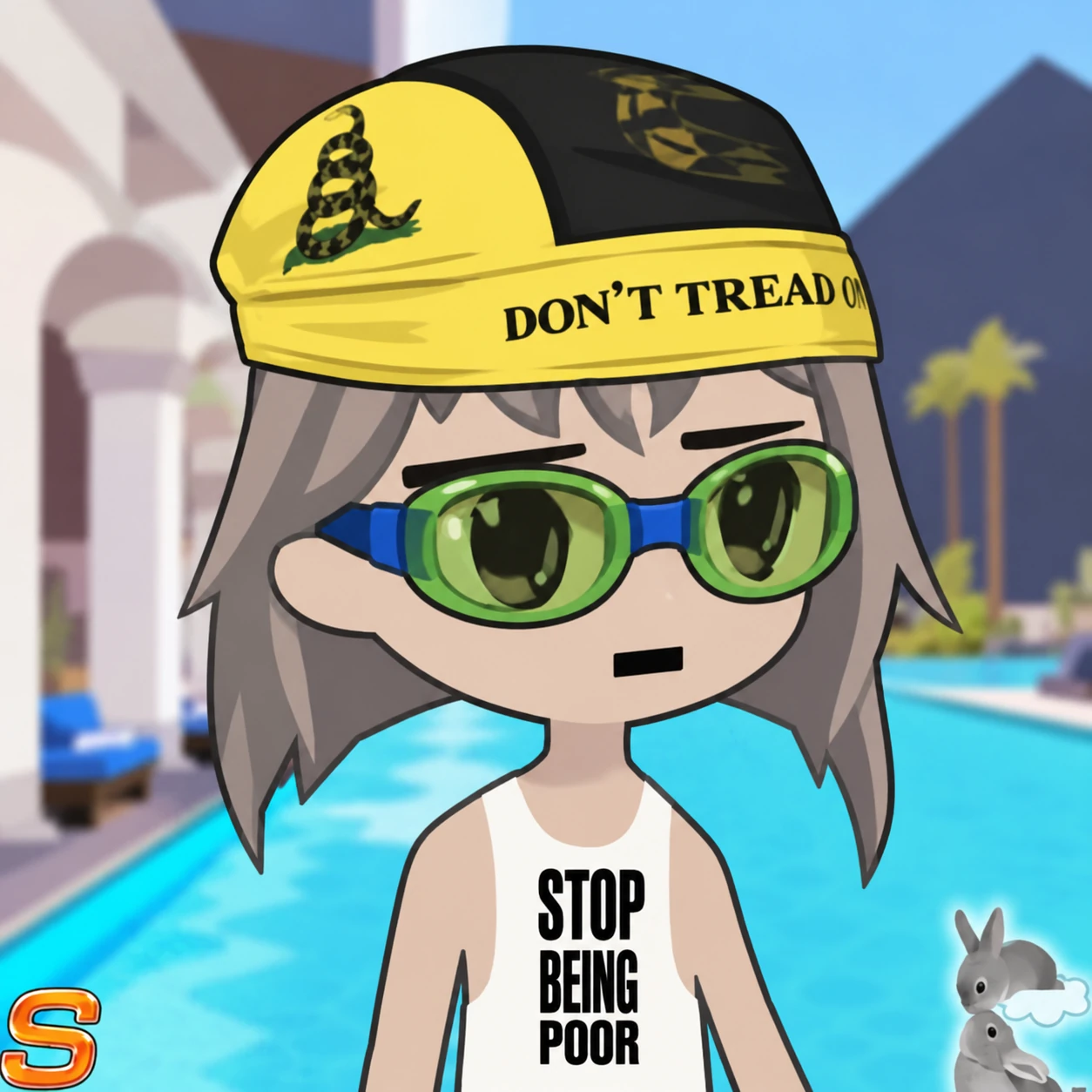 The nasalon character: grey hair, yellow and black cap, green goggles, white tank top, and a nearby rabbit.