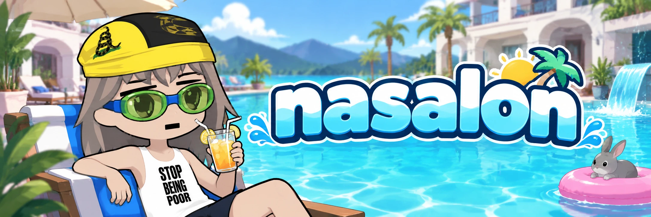 nasalon in green swimming goggles and a yellow and black cap, taking it easy by the turquoise pool.
